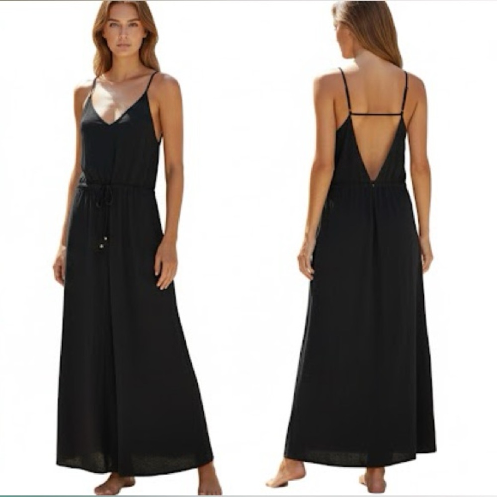 VIX PAULA HERMANNY Black Low Back Maxi Dress Rayon Drawstring Waist - Size Small